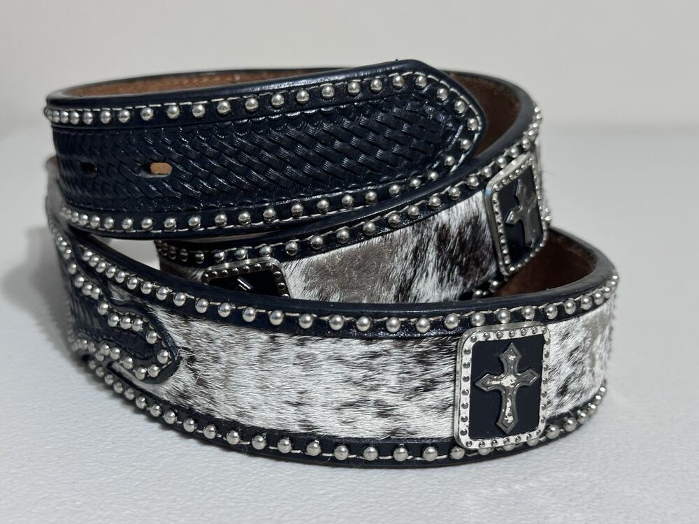 Ranger Belt Company Hand tooled Leather Belt 36 Cross Concho Calf Hair No Buckle